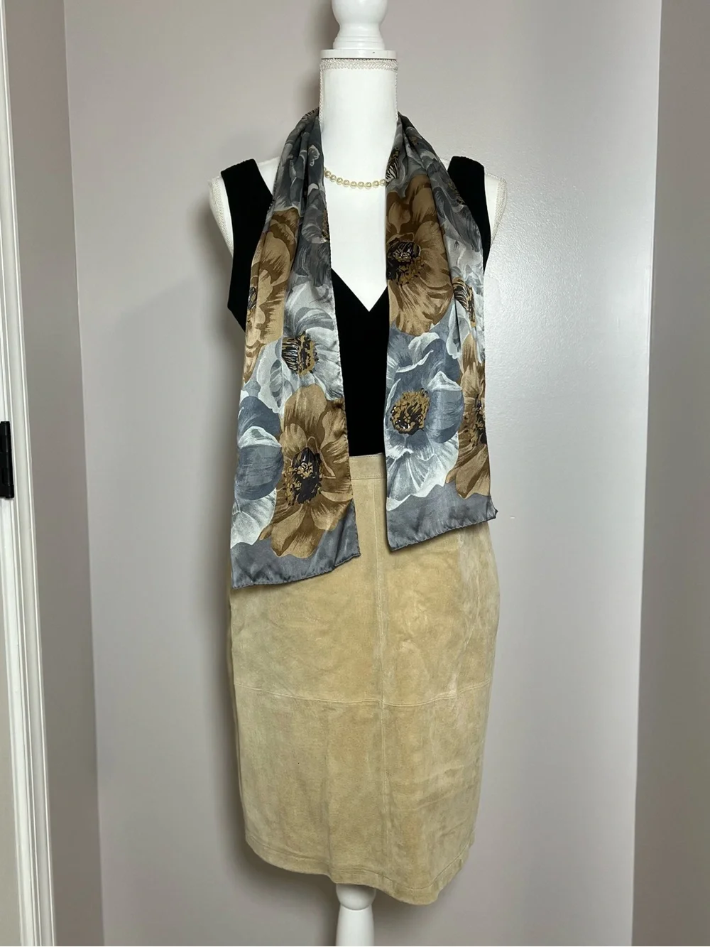 Vintage 1980-90s 100% Silk Floral Scarf Dusty Blue & Brown Botanical Long 💙